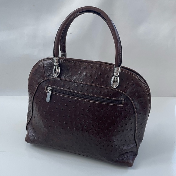 BORSE IN PELLE Genuine Leather Burgundy Brown Ostrich Embossed Satchel ITALY - Picture 2 of 12